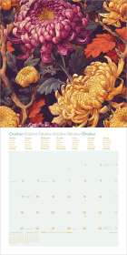 "Oktober" in mehreren Sprachen oben. Darunter Kalender für Oktober. Illustration: Bunte Chrysanthemen in herbstlichen Farben.