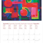 "September" in mehreren Sprachen oben, Tagesnamen in Englisch, Deutsch, usw. Kalenderdarstellung. Abstrakte bunte Illustration.