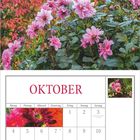 "Oktober" steht oben in großen Buchstaben. Ein Kalender zeigt Oktober mit Herbstlaub und rosa Blumen im Hintergrund.