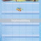 Vorjahresabbildung. Tabelle mit Kalendertagen und Notizfeld. Oben Illustration: buntes Wesen und Vogel in Landschaft.