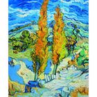 10 Vincent van Gogh, Two Poplars in the Alpilles near Saint-Rémy, 1889. Gemälde mit leuchtenden Bäumen und blauem Himmel.