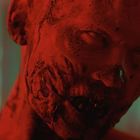 Verzerrtes Gesicht in roten und grünen Licht, stark beschädigt und düster. Möglicherweise ein Horror-Thema.