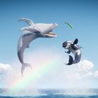Ein Wal und ein Orca springen aus dem Wasser. Ein Regenbogen und Wolken schmücken den Himmel, dazwischen ein fliegender Fisch.