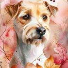 "18" und "HUND". Illustration eines Hundes in herbstlichem Ambiente mit Blättern und Beeren.