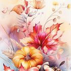 Stilvolle Illustration von Kürbissen, bunten Blättern, Blumen und Zapfen in weichen Herbsttönen.