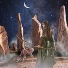 „Artemis: Action, Goal setting, Bringing dreams to life“. Eine Frau im Grünen bei Steinen und einem Reh, Sternenhimmel.
