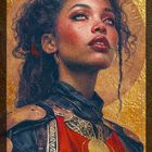 Karte mit "II" und "strength". Frau mit lockigem Haar, in roter Kleidung, goldener Hintergrund, stilisierte Illustration.