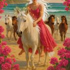 "Life Force · Movement · Freedom" steht unten. Eine Frau reitet ein weißes Pferd am Strand, umgeben von Blumen und weiteren Pferden.