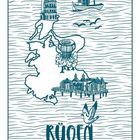 RÜGEN, umrissen, mit Leuchtturm, Boot, Möwen, Seebrücke und Möwe. Stilisiert als einfache Zeichnung.