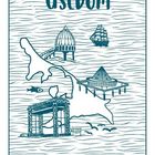 „USEDOM“ steht oben. Illustration mit Sehenswürdigkeiten, Meer und Schiff, sowie Brücke und Fisch in Blau.