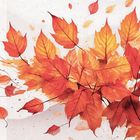 In der Mitte steht "15". Die Illustration zeigt leuchtend orangefarbene Herbstblätter, die im Wind wehen.