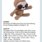 "Faultier" steht oben. Anleitung zum Häkeln eines Faultierkörpers und Gesichts. Abgebildet ist ein gehäkeltes Faultier.