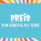 Text: "PREIS VON GÜNSTIG BIS TEUER." Hintergrund aus bunten Streifen in einem psychedelischen Muster.