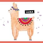 Text: "LAMA". Illustration eines Lamas mit buntem Sattel, Blütenkranz auf dem Kopf, umgeben von lila Farbsprenkeln.
