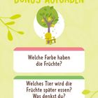 BONUS-AUFGABEN: "Welche Farbe haben die Früchte?", "Welches Tier wird die Früchte später essen? Was denkst du?" Illustration eines Baumes mit Stuhl.