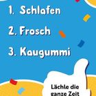 1. Schlafen 2. Frosch 3. Kaugummi. Illustration mit Daumen-Hoch und bunten Konfettis auf gelbem und blauem Hintergrund.