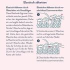 „Maschen abketten“ steht oben. Anleitungen zum elastischen Abketten mit zwei Techniken. Zwei Diagramme illustrieren den Text.