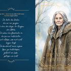 "Die Ahnin-Hüterin." Eine ältere Frau mit geflochtenem Haar steht in einem Winterwald. Links ein inspirierender Text.