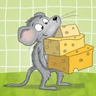 Illustration: Eine graue Maus trägt drei große Käseblöcke vor einem grün-karierten Hintergrund.