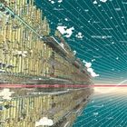 Keine Texte. Sci-Fi Illustration: Riesiges futuristisches Raumschiff zieht eine Linie in den Weltraum, mit einem hellen, strahlenden Halbmond.