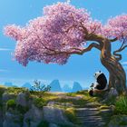 Illustration: Ein Panda sitzt entspannt unter einem blühenden Kirschbaum auf einem Felsen, umgeben von malerischen Bergen.