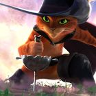 Eine orange Katze in Stiefeln und Hut hält ein Schwert, umgeben von rosa Staubwolken, entschlossener Ausdruck.