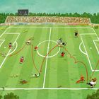 Die Anzeigetafel zeigt "3 : 3". Auf dem grünen Feld spielen Tiere Fußball, rote Linien zeigen die Ballwege.