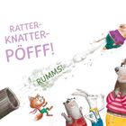 "RATTER-KNATTER-PÖFFF!", "RUMMS!" Ein Schwein fliegt aus einer Kanone, Tiere jubeln. Eine fröhliche Illustration.