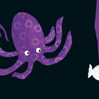 Blattkarte Nr. 3. Ein lila Oktopus mit großen Augen und ein kleiner weißer Fisch auf dunklem Hintergrund.