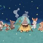 Blätter-Nr. 10. Eine Illustration zeigt Tiere in Partyhüten, die um ein Lagerfeuer sitzen und Suppe essen. Im Hintergrund Sterne.