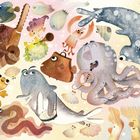 Illustration von niedlichen Meerestieren mit großen Augen, die fröhlich musizieren und tanzen.