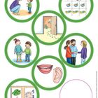 In grünen Kreisen: Rote Lippen, Ohr; Erwachsene reden; Kinder halten Hände; Frau mit Herz; Kind folgt Fußspuren; Aktivitätenplan; Hände waschen.