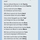 Text: Unsinnige Zweizeiler, Wörter aus Bildern. Marion pflanzt Blumen, Enrico malt mit Nase. Affe Henri mit Gummiband.