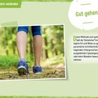 „Gut gehen“, „Sich mit der Natur verbinden“. Bild zeigt Füße beim Gehen im Wald aus der Rückansicht.
