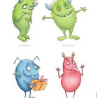 Vier bunte Monster: Zwei grüne mit Hörnern, ein blaues mit Geschenk, ein rotes mit erhobenen Händen. Illustrative Darstellung.
