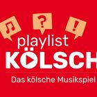 "playlist KÖLSCH, Das kölsche Musikspiel". Illustration mit Musiknote, Frage- und Ausrufezeichen auf rotem Hintergrund.