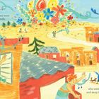 Der Text beschreibt eine lebendige Szene mit fröhlichem Gesang und neuen Freunden in einer Stadt mit farbenfrohen Blumen.