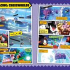 "SONIC RACING: CROSSWORLDS" in gelbem Banner. Comic-Rennen, mit Sonic und Shadow in actiongeladenen Szenen. Dynamisch.