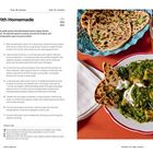 Text: "Palak Tofu With Homemade Garlic Naan". Rezeptdetails. Bild: Teller mit grünem Tofu-Gericht und Knoblauch-Naan.