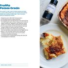 Rezept für "Truffle Potato Gratin" mit Zutatenliste und Zubereitungsschritten, daneben ein Foto des fertigen Gerichts auf einem Teller.