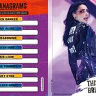 Super Anagrams: 1. BROKEN BARKER, 2. BLINK ALIKE, 3. MR REASONING, 4. PLAYER HIRE, 5. OASIS LOOK, 6. HYENA TOURIST, 7. ROCKY EYES, 8. SHOELACE ARMY. Rechts eine Frau in Lederjacke.