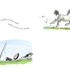 Text: "Don't be afraid to chase what might seem out of reach." Illustration: Ein Pferd galoppiert, gefolgt von einem Hund und einem Vogel.