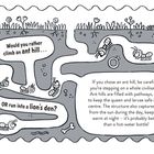 Illustration eines Ameisenhügels mit Ameisen, Pfaden und einem Dialog über die Wahl zwischen Ameisenhügel und Löwenhöhle.