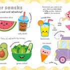 Eine bunte Illustration mit beschrifteten Sommer-Snacks wie Wassermelone, Eislutscher und ein Eiswagen.