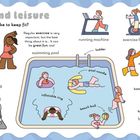 Text: Sport and leisure. Do you like to keep fit? flexing, stretching, weight lifting, running, biking, boxing, pool, basketball.  
Illustration von Menschen bei verschiedenen sportlichen Aktivitäten wie Schwimmen und Tanzen.