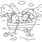 Ein Drache und ein Kind rudern im Boot, umgeben von Fischen im Wasser und mit Schirm unter wolkigem Himmel. Illustrationsstil.