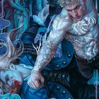 Illustration zweier Männer im Kampf. Einer ist stark tätowiert, blonder Mann schlägt blutender Mann mit langen Haaren. Engel im Hintergrund.