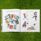 Texte: Links oben über Baseballkarten, rechts mittig Wörter: "Hitting, pitching, catching, sliding". Illustration von Baseballszenen und Sammelkarten auf Gras.