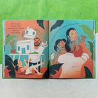 Links: „That's because my papi's hands turn mesas into mansions and songs into sonrisas.“ Rechts: „They dance, draw us in, hold me and Mamá close.“ Illustration: Links ein Mann baut ein Modellhaus, während ein Kind zusieht. Rechts tanzt eine Familie glücklich zusammen.