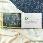 Links skizzenhafte Hunde, die schlafen, mit Notizen; rechts Text über den Schlaf von Hunden. Hintergrund: gestrickte Decke.